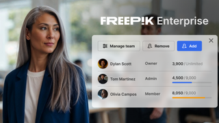 Freepik Enterprise plan showing part of UI and a businesswoman in an office