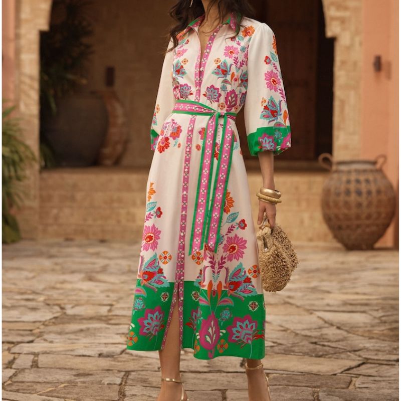 Love&amp;amp;Roses, Cream Floral Tie Waist Shirt Midi Dress