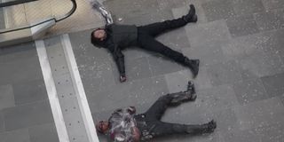 Bucky and Sam caught up in webs in Captain America: Civil War.