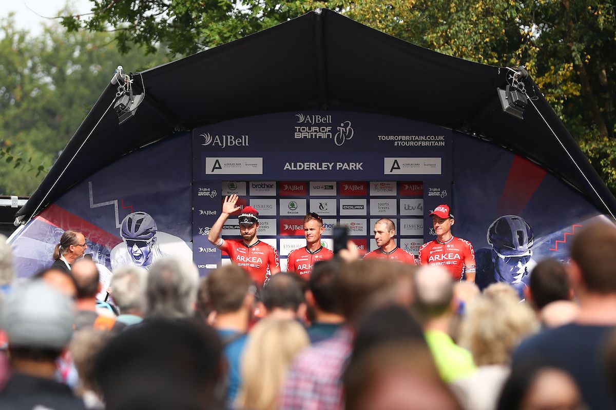 Picture by SWpix.com - 09/09/2021 - Cycling - AJ Bell Tour of Britain Stage 5 - Alderley Park to Warrington, England - Team Ark&Atilde;&copy;a Samsic before the start