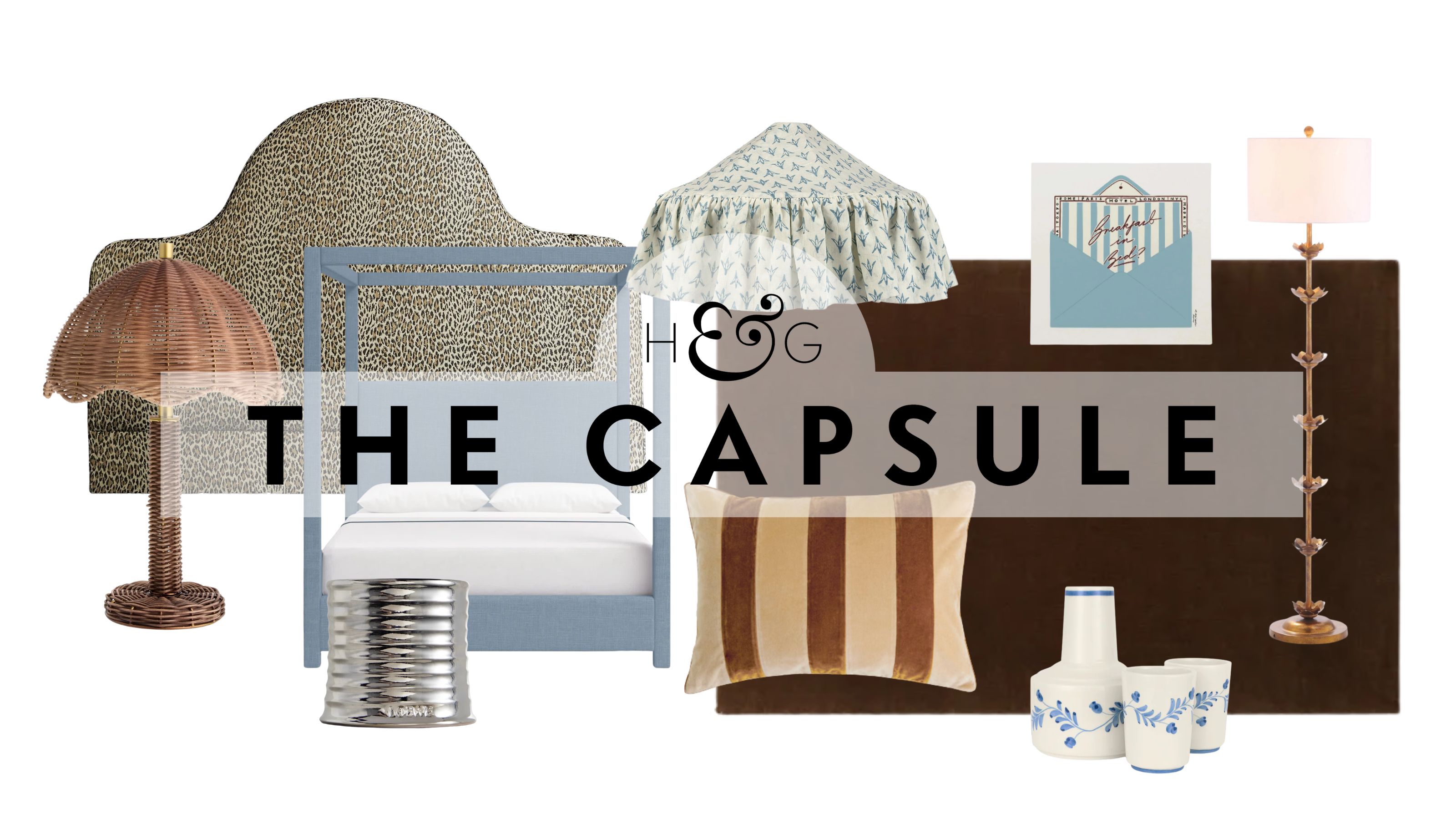 collage of trending bedroom products for 2026 including a leopard print headboard, chocolate brown rug, with ochre and light blue accessories