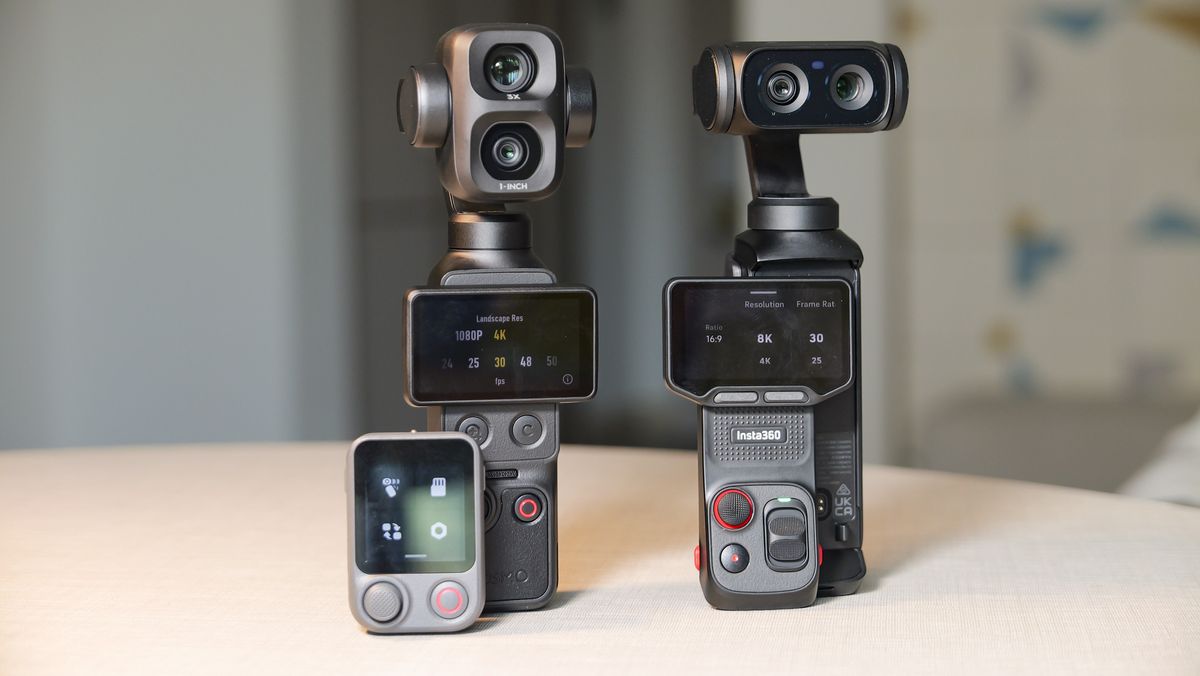 DJI Osmo Pocket 4P vlogging camera on a white desk in modern room, alongside the Insta360 Luna Ultra