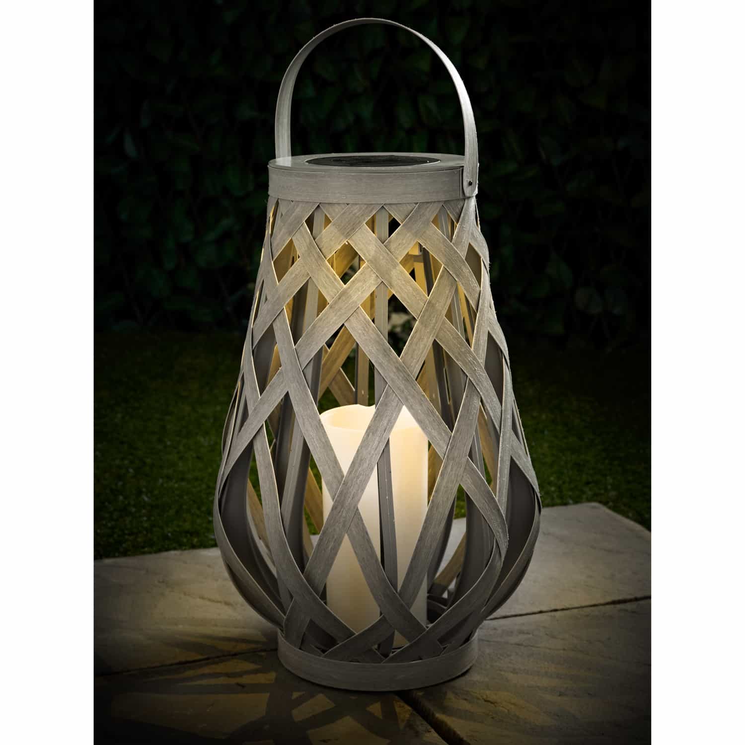 Solar Powered Grey Rattan Weave Lantern - Large