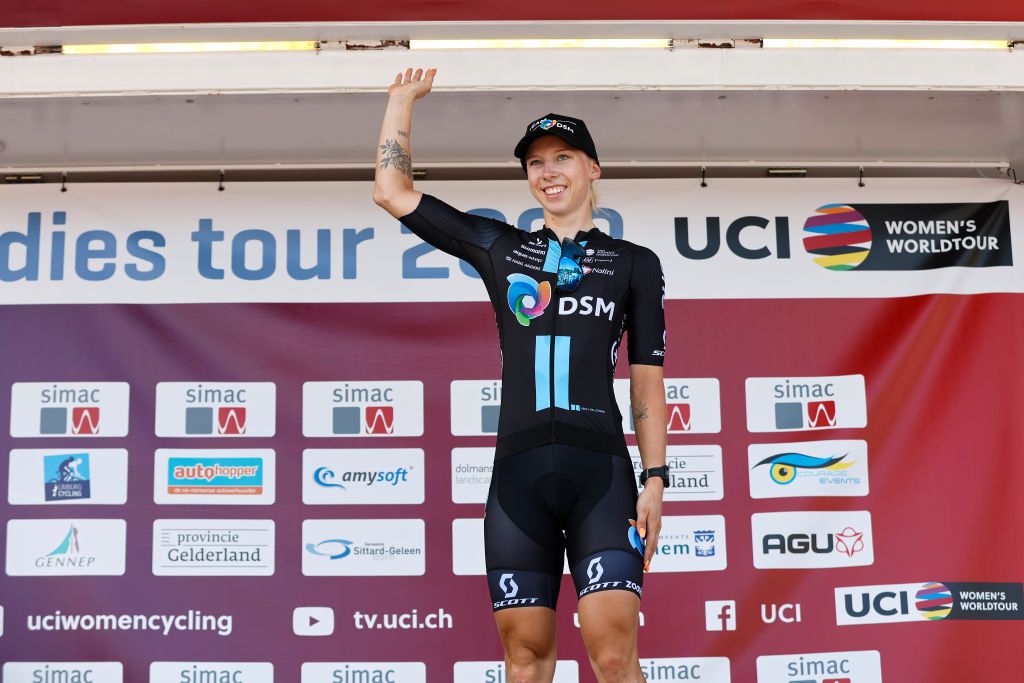SITTARD WATERSLEY NETHERLANDS SEPTEMBER 03 Lorena Wiebes of Netherlands and Team DSM Yellow leader jersey celebrates at podium during the 25th Simac Ladies Tour 2022 Stage 5 a 178km individual time trial stage from Windraak to Sittard Watersley SLT2022 UCIWWT on September 03 2022 in Sittard Watersley Netherlands Photo by Bas CzerwinskiGetty Images