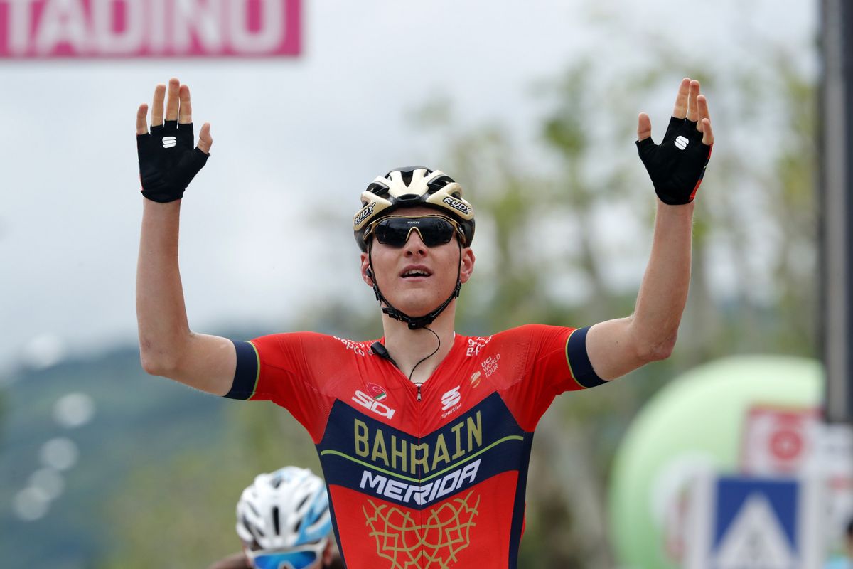 Matej Mohoric celebrates his win on stage 10 of the Giro d'Italia