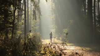 Man running through forest at sunrise