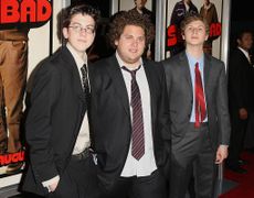 Actors Christopher Mintz-Plasse, Jonah Hill and Michael Cera arrive at the premiere of "Superbad" at Grauman's Chinese Theatre, 2007 in Hollywood, California.