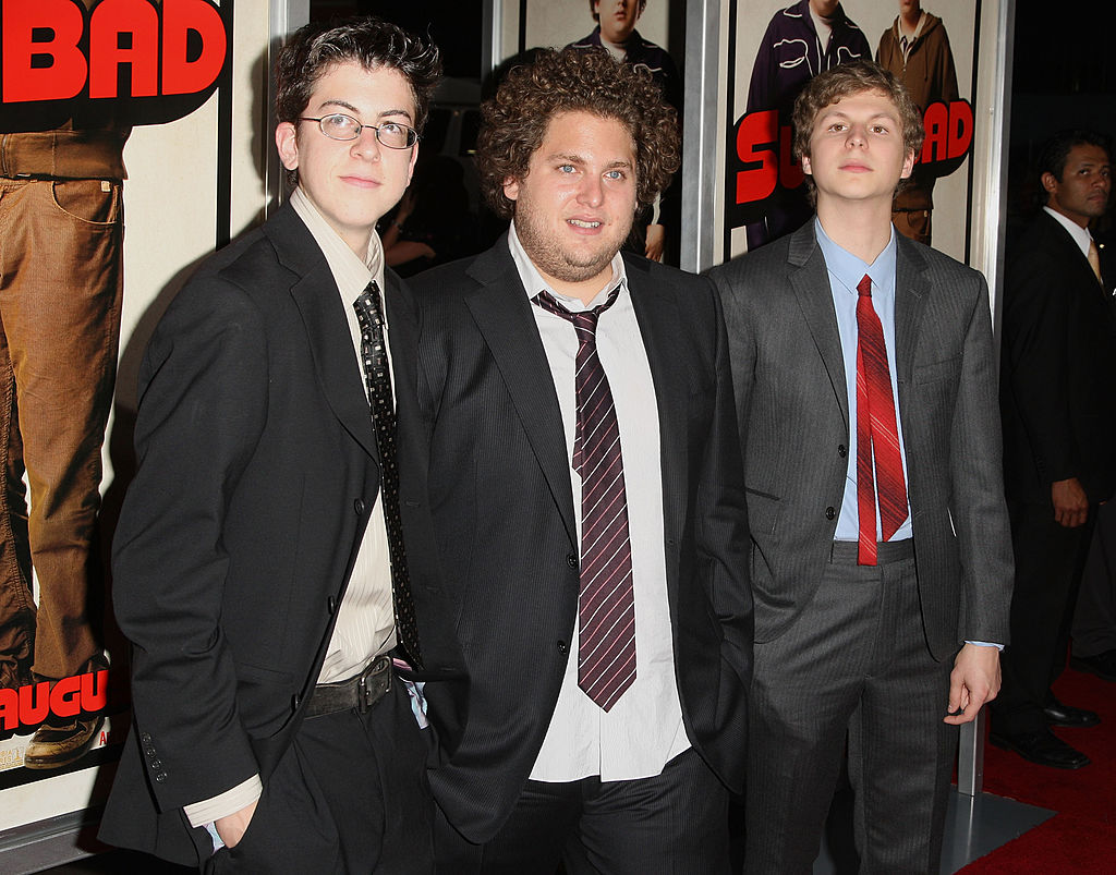 Actors Christopher Mintz-Plasse, Jonah Hill and Michael Cera arrive at the premiere of "Superbad" at Grauman's Chinese Theatre, 2007 in Hollywood, California.