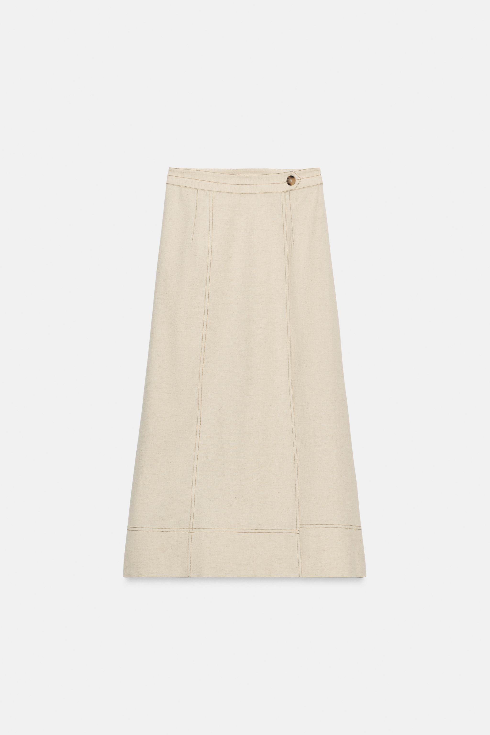 Linen Blend Wrap Midi Skirt