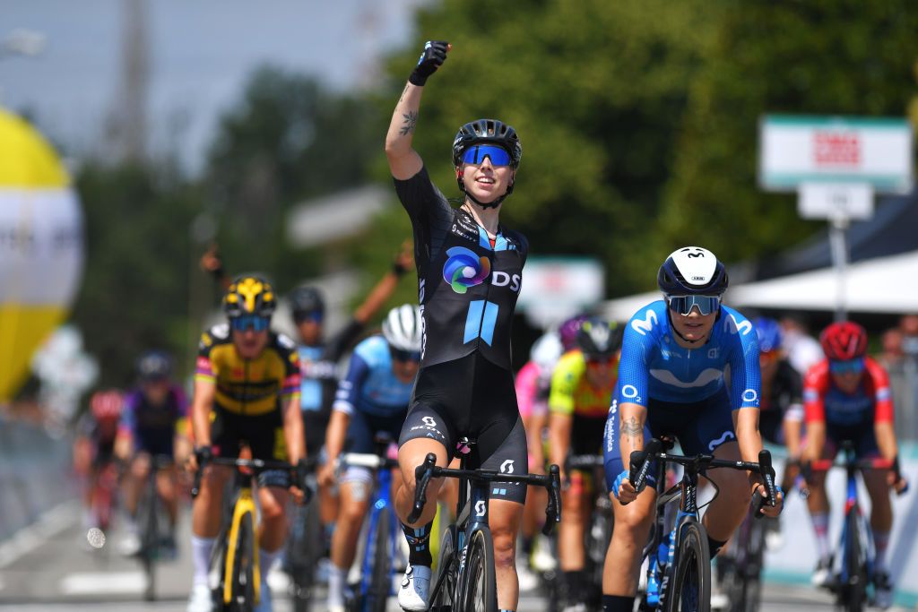 CARUGATE ITALY JULY 06 Lorena Wiebes of Netherlands and Team DSM stage winner celebrates at arrival Emma Norsgaard Jorgensen of Denmark and Movistar Team during the 32nd Giro dItalia Internazionale Femminile 2021 Stage 5 a 1201km stage from Milano to Carugate GiroDonne UCIWWT on July 06 2021 in Carugate Italy Photo by Luc ClaessenGetty Images