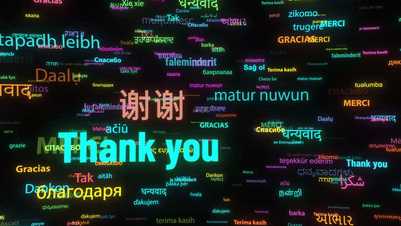 video graphic displaying the words thank you in multiple languages