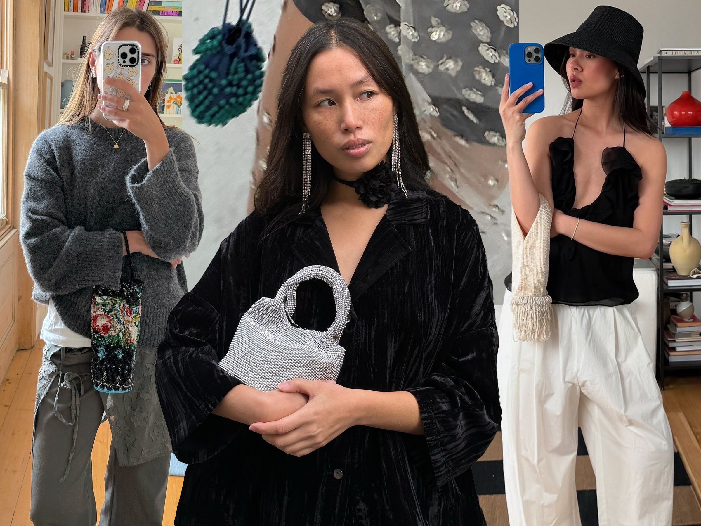 fashion collage of style influencers including Poppy Almond, Courtney Grow, Mimi Nguyen, and  Anne-Victoire Lefevre wearing chic outfits with beaded bags