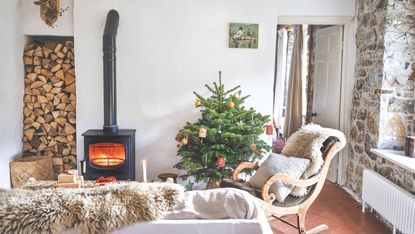 cottage sitting room with stove