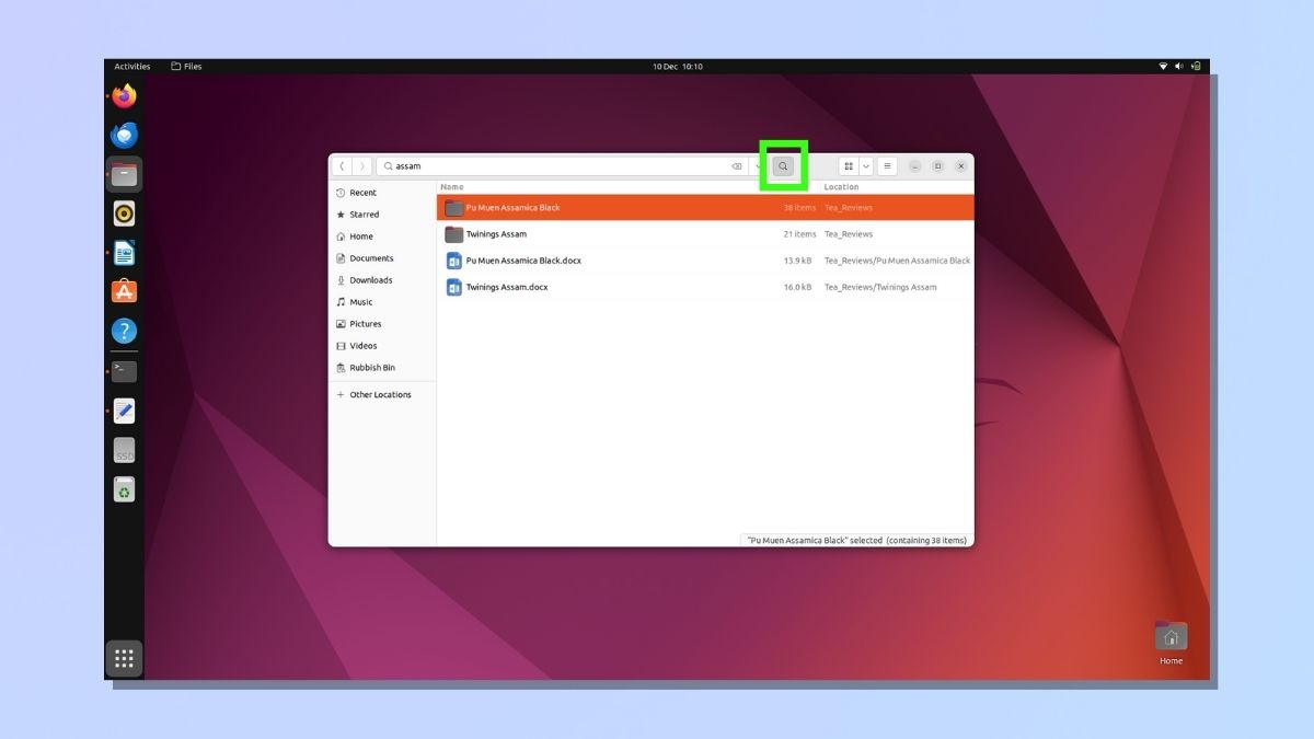 Снимок экрана, показывающий, как найти файл с помощью дистрибутива Ubuntu Linux — используйте панель поиска.