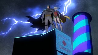 Batman (Diedrich Bader) and Harley Quinn (Kaley Cuoco) (dressed as Robin) on a rooftop in Harley Quinn