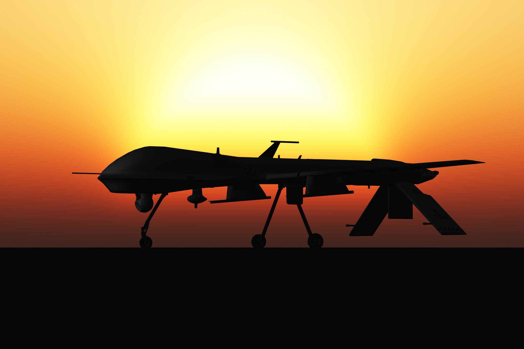 General Atomics MQ-1 Predator drone ready to take off at sunset.