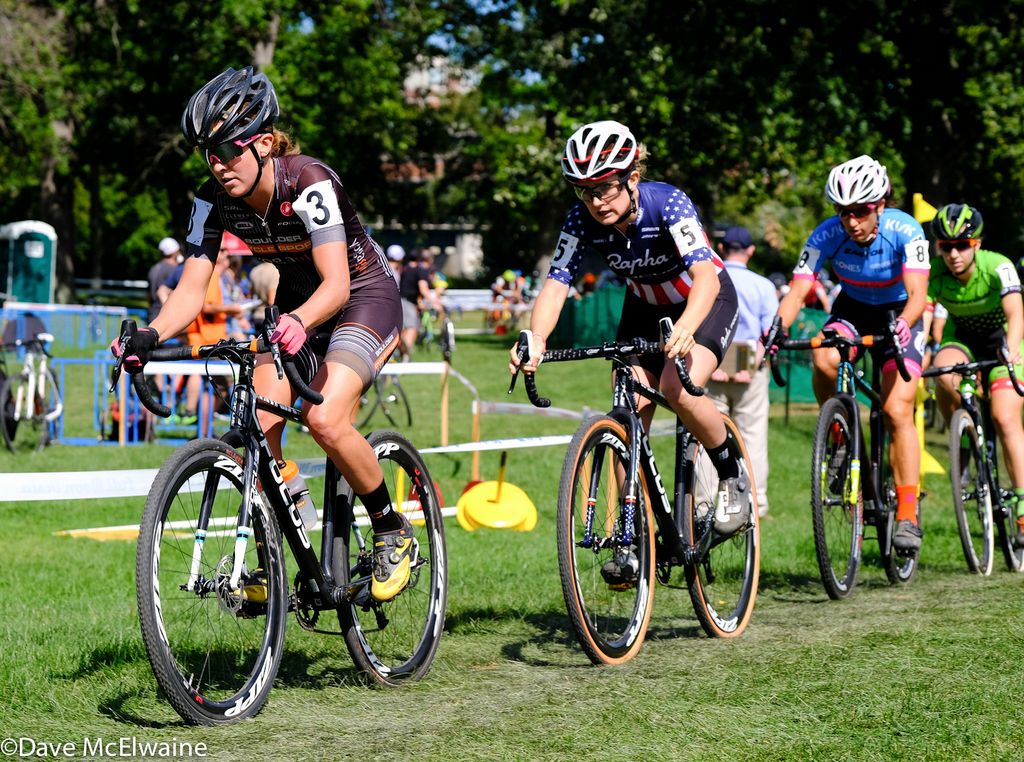 Amanda Miller (Boulder Cycle Sport) leading the pro women out onto the course with Ellen Noble (Aspire Racing) close behind.