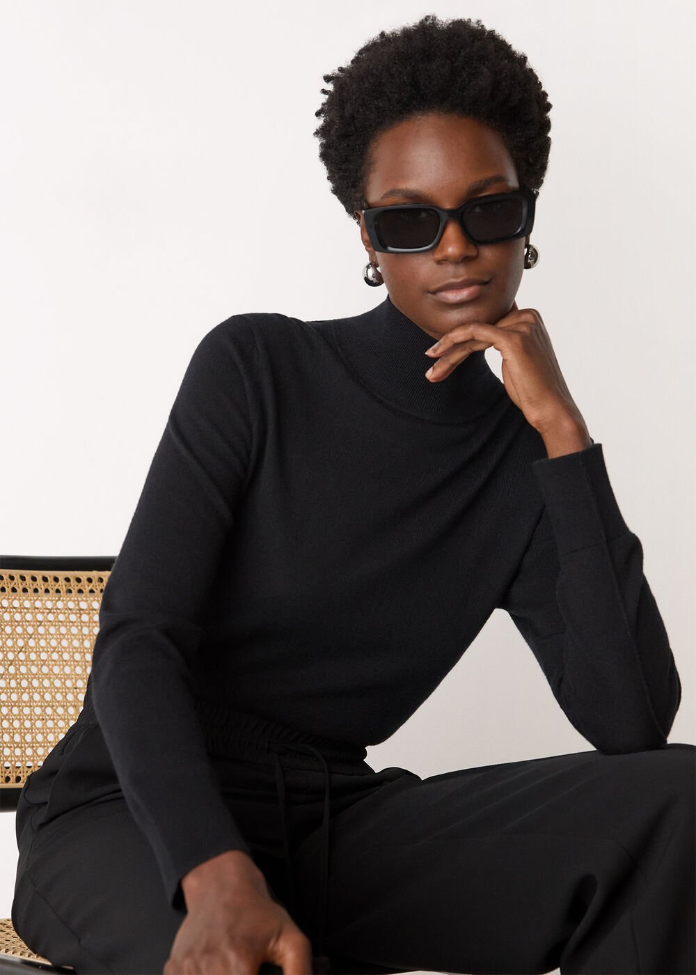 Black Fine Wool Mix Funnel Neck Knit