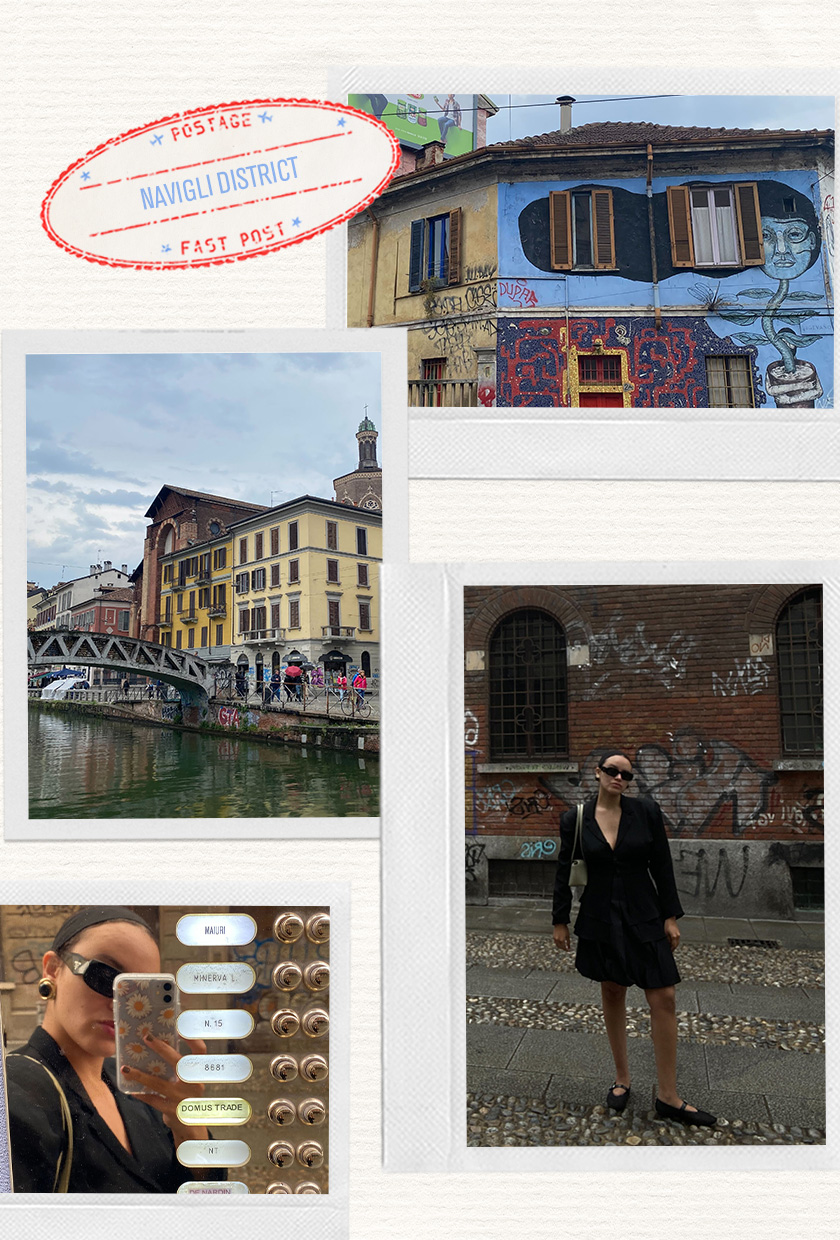 a collage of images of an editor's travel outfit with a black blazer, balloon skirt, and ballet flats in the Navigli District in Milan