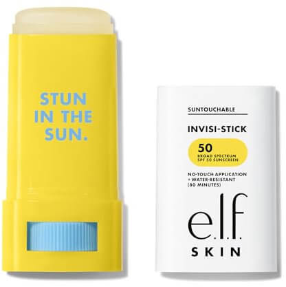 E.L.F Suntouchables Invisi-Stick SPF. The lid is next to the stick. It's yellow and white and says 'Stun in the Sun'