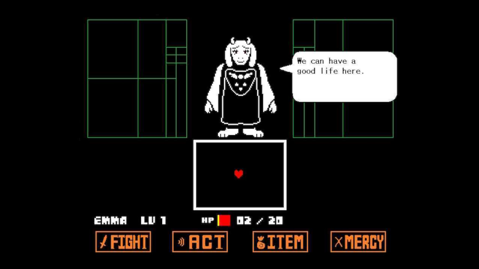 A battle encounter with Frisk and Toriel during the RPG Undertale.