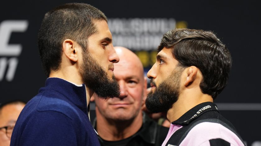 Opponents Islam Makhachev of Russia and Arman Tsarukyan of Georgia face off during the UFC 311 press conference 