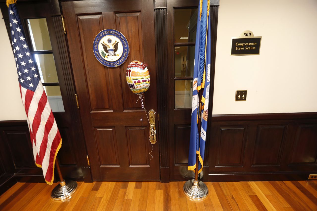 A balloon tied to the door of Rep. Steve Scalise&amp;#039;s office.