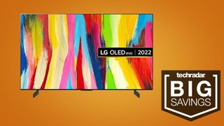 LG C2 OLED TV spotlight banner with orange background