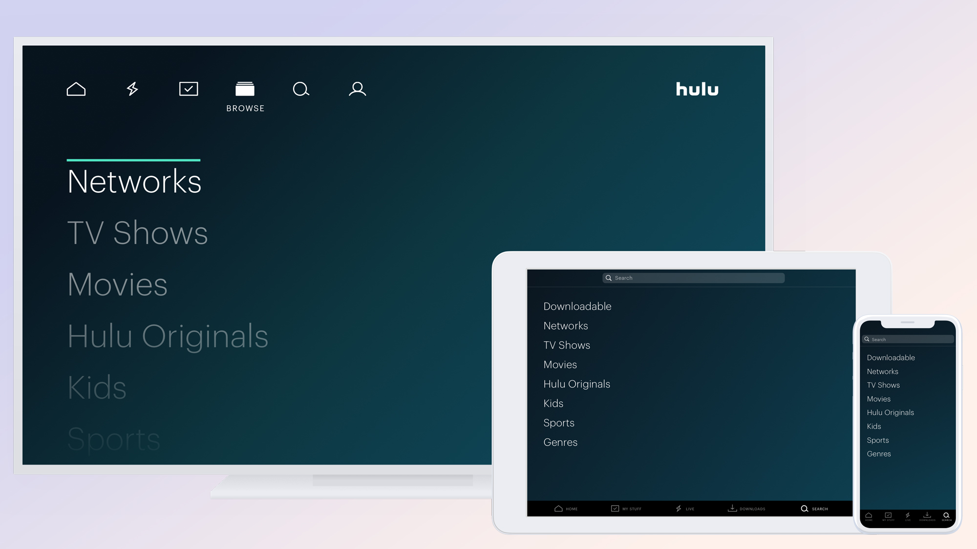 Menus from Hulu with Live TV on a TV, tablet and phone