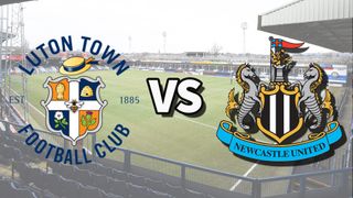 The Luton Town and Newcastle United club badges on top of a photo of Kenilworth Road stadium in Luton, England