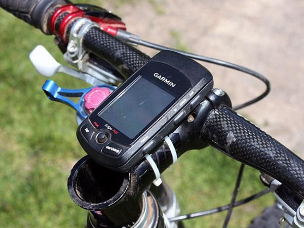 A Garmin Edge 705 GPS-enabled computer keeps track of Juarez's training rides.