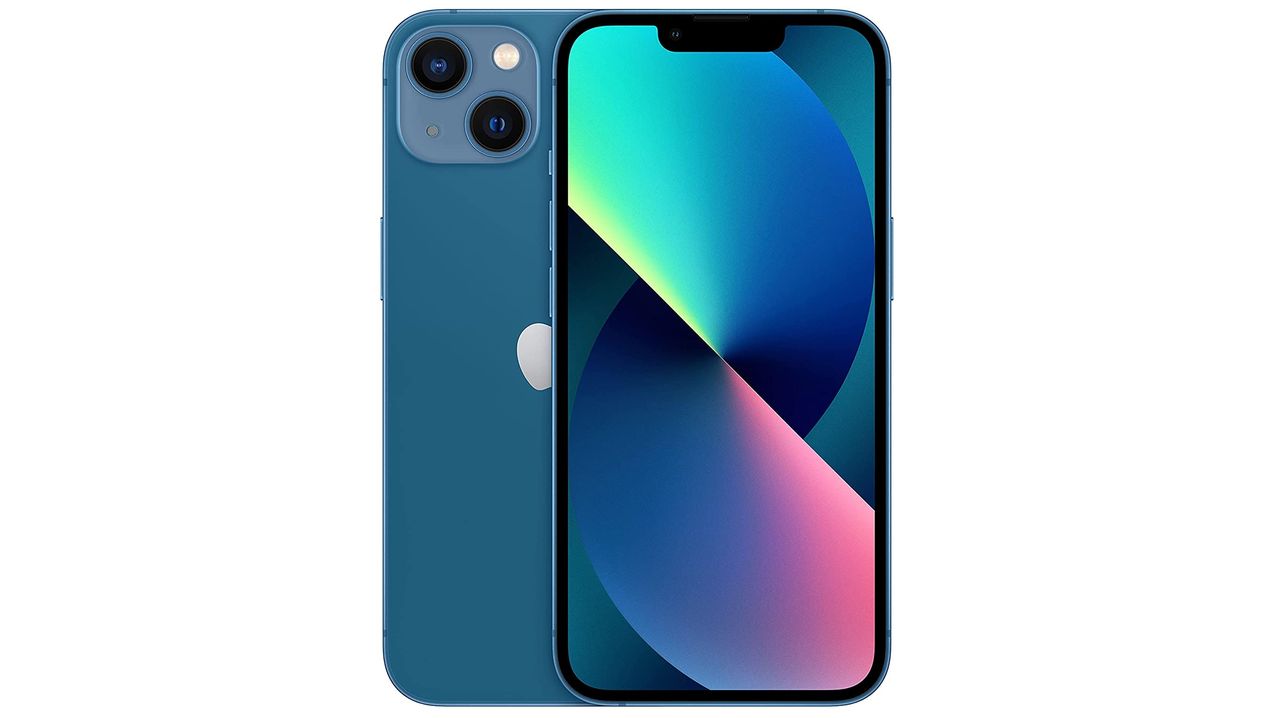 An iPhone 13 from the front and back in a blue shade