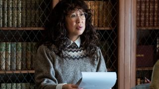 Sandra Oh looks concerned while standing in her office in The Chair S1 E1 - "Brilliant Mistake."