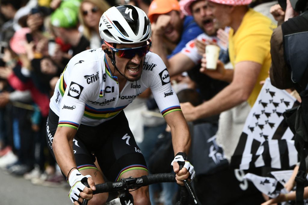 Team Deceuninck Quicksteps Julian Alaphilippe of France rides ahead during the 1st stage of the 108th edition of the Tour de France cycling race 197 km between Brest and Landerneau on June 26 2021 Photo by Philippe LOPEZ AFP Photo by PHILIPPE LOPEZAFP via Getty Images