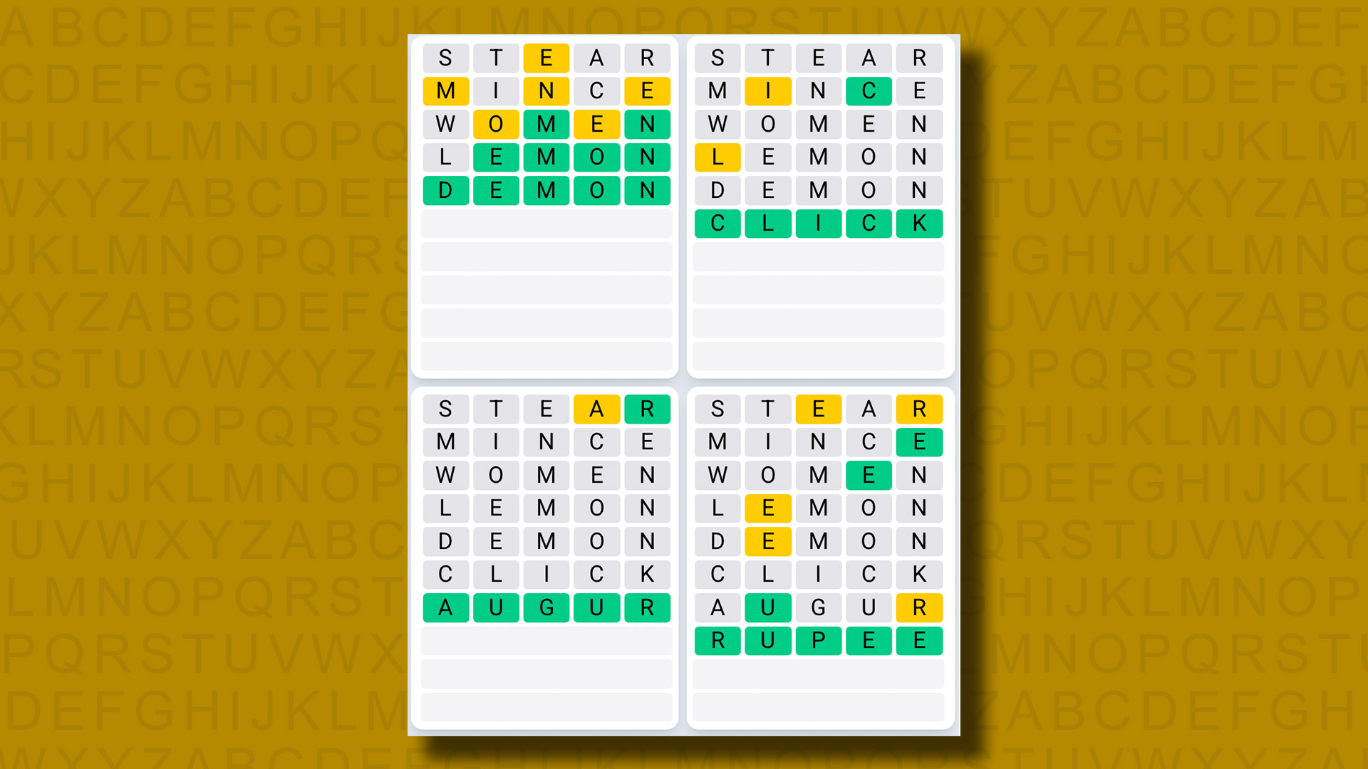 Quordle Daily Sequence answers for game 1253 on a yellow background