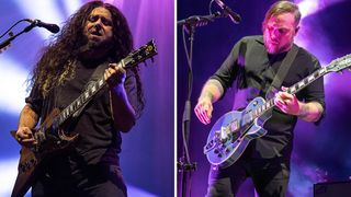 Coheed and Cambria's Claudio Sanchez and Travis Stever perform live on a stage lit in purple.