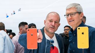 Former Apple designer Jony Ive with CEO Tim Cook at an iPhone launch