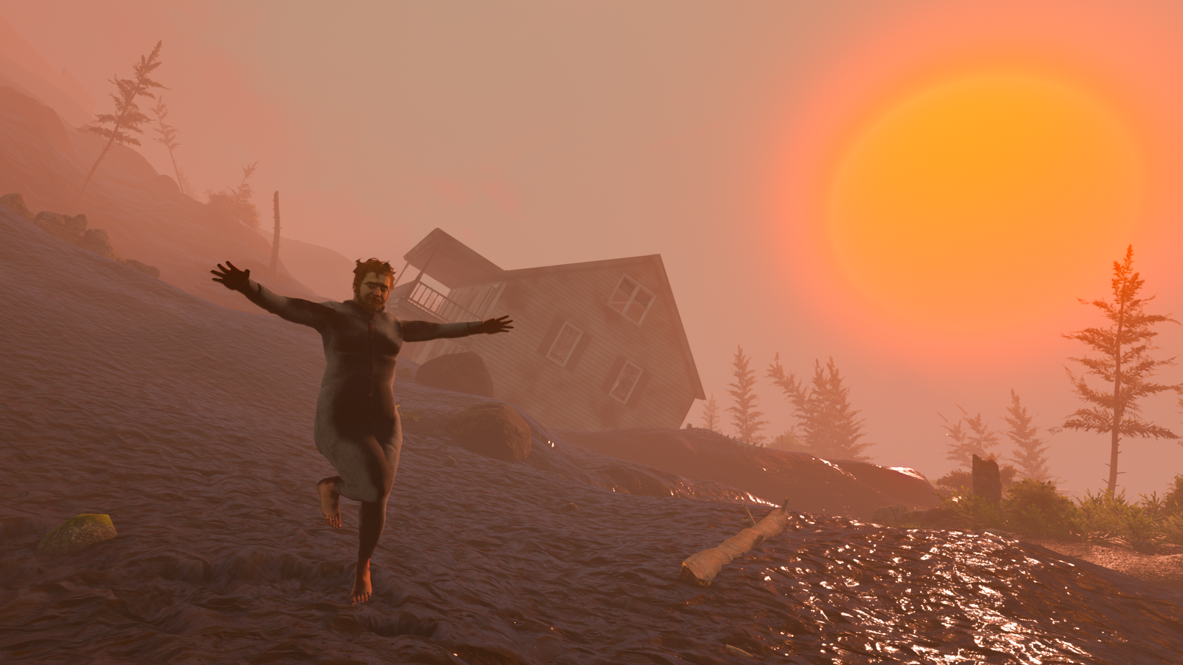 The protagonist of Baby Steps runs clumsily towards the camera with their arms aloft as the sun sets over a house in the background