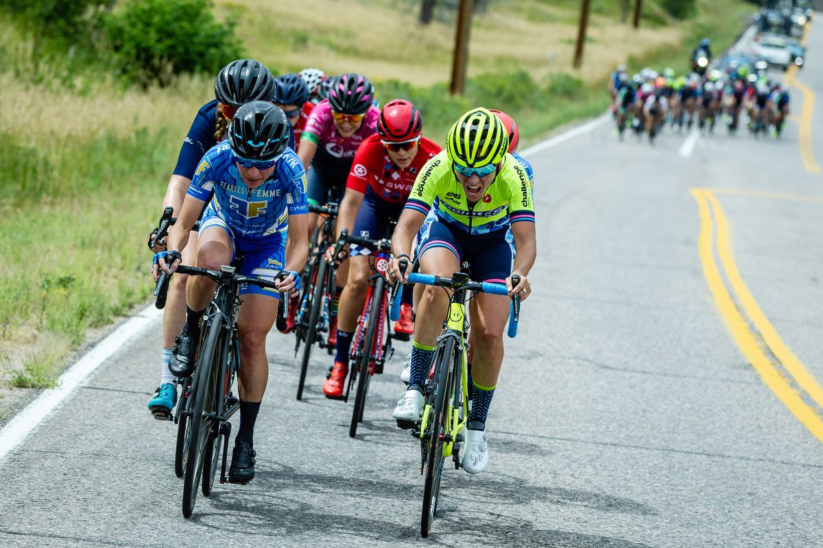 Another group tries to go up the road during stage 3 of the Colorado Classic on August 24, 2019 in Golden, Colorado.