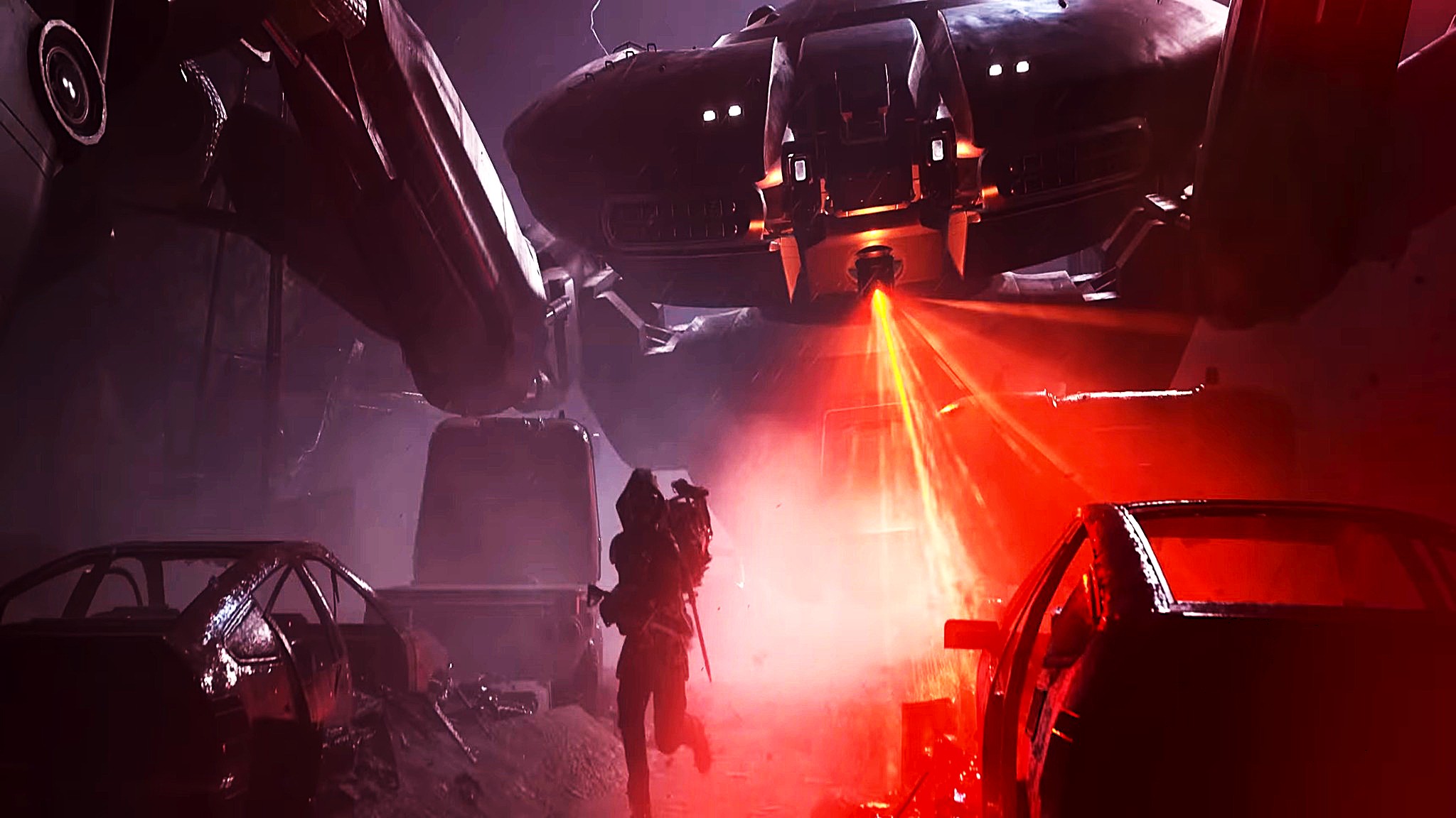 Edited trailer screenshot of a man running from a giant robot in Arc Raiders