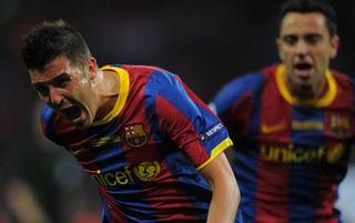 David Villa celebrates his goal for Barcelona against Manchester United in the 2011 Champions League final at Wembley.