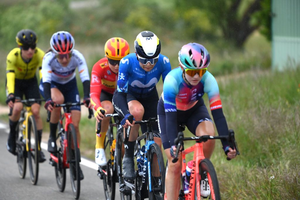 MELGARDEFERNAMENTAL SPAIN MAY 18 Sara Martin of Spain and Movistar Team competes in the breakaway during the the 9th Vuelta a Burgos Feminas 2024 Stage 3 a 122km stage from Roa de Duero to Melgar de Fernamental UCIWWT on May 18 2024 in Melgar de Fernamental Spain Photo by Alex BroadwayGetty Images