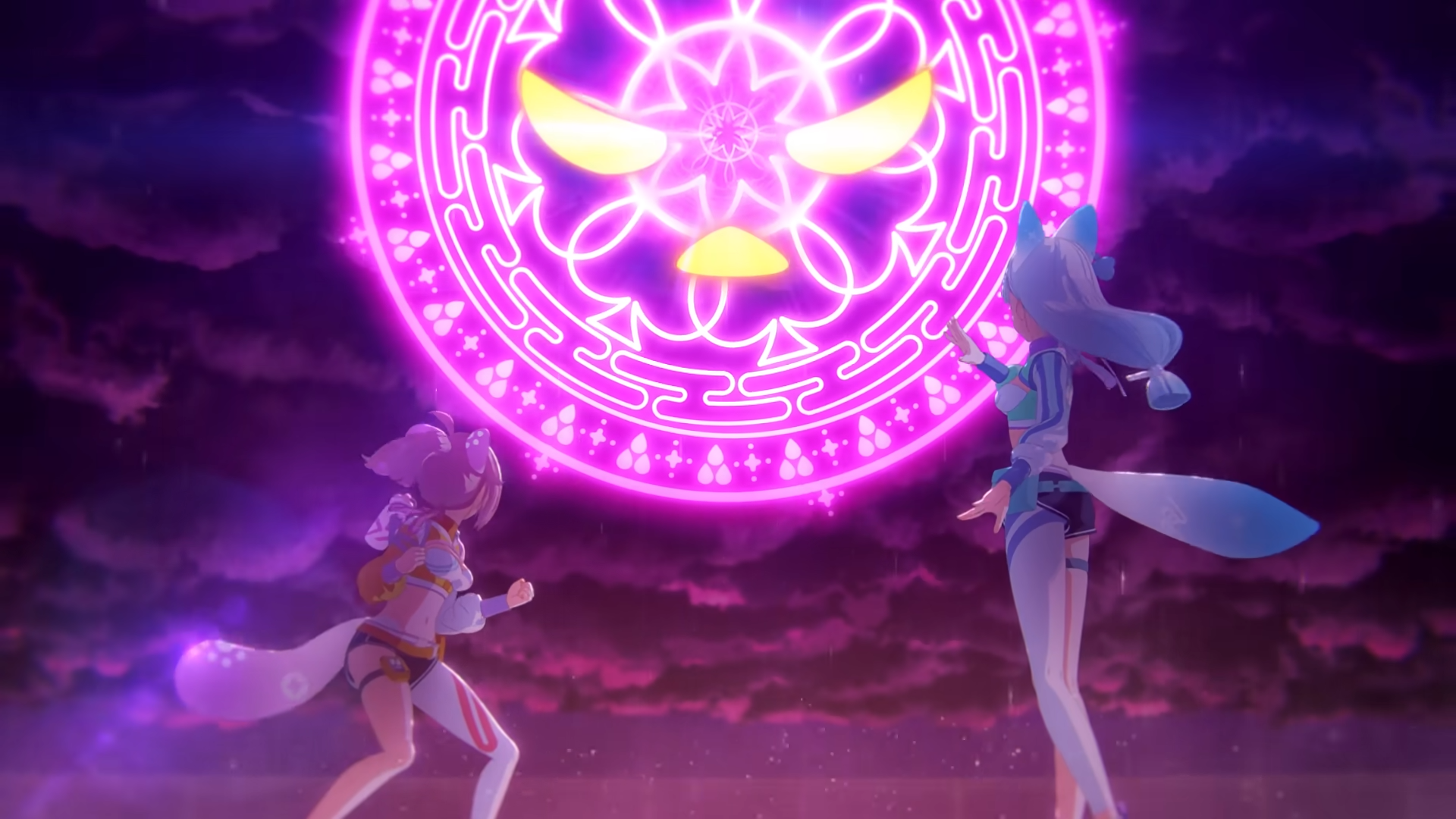 Ame no chi hare onna art showing two characters facing off against an evil presence in the sky 