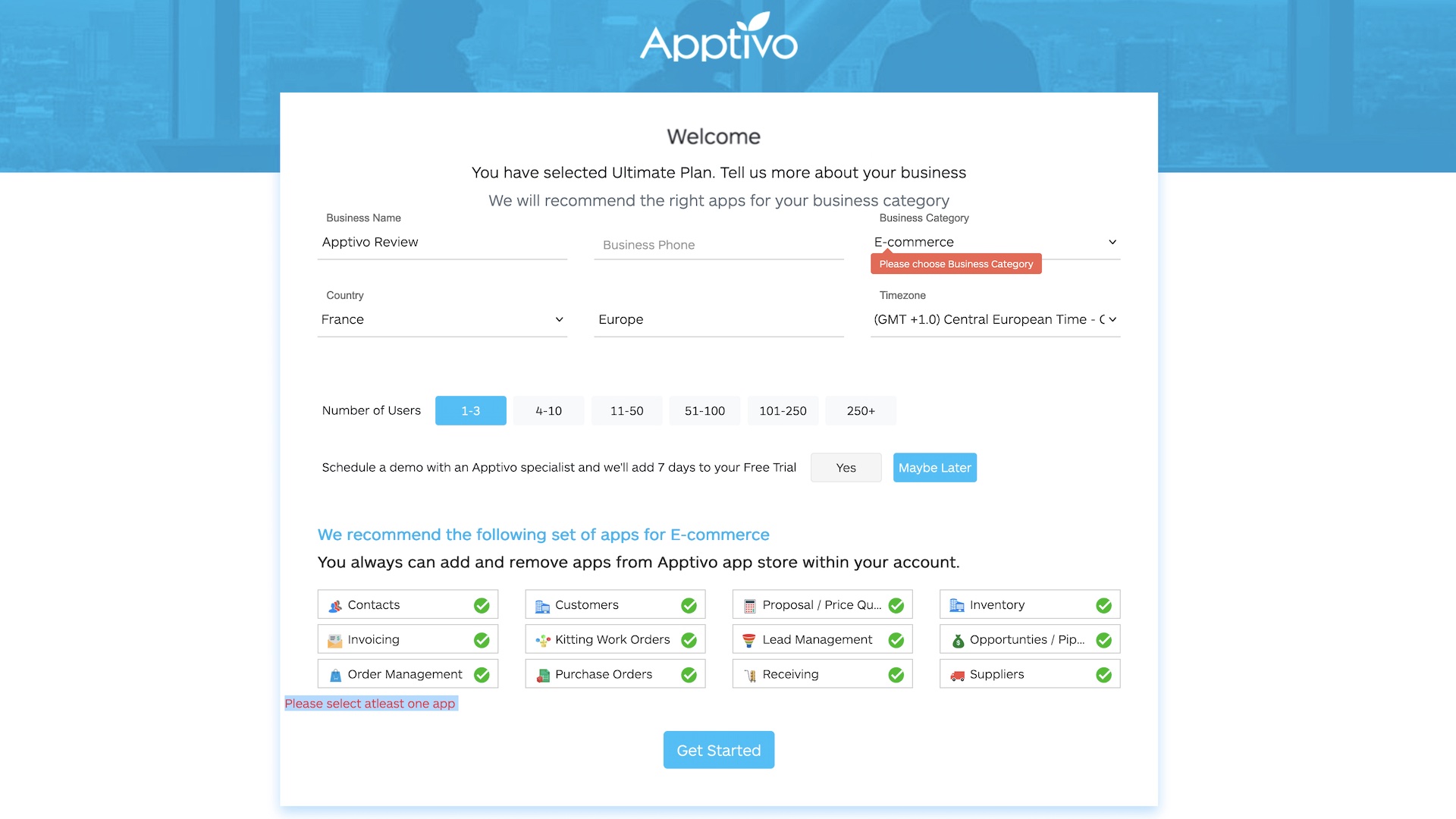 Apptivo's welcome page