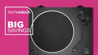 Audio-Technica AT-LP5x on pink background with TR's Big Savings badge