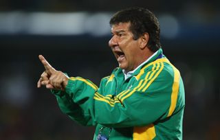 Joel Santana gives instructions to his South Africa players during a Confederations Cup clash against New Zealand in 2009.