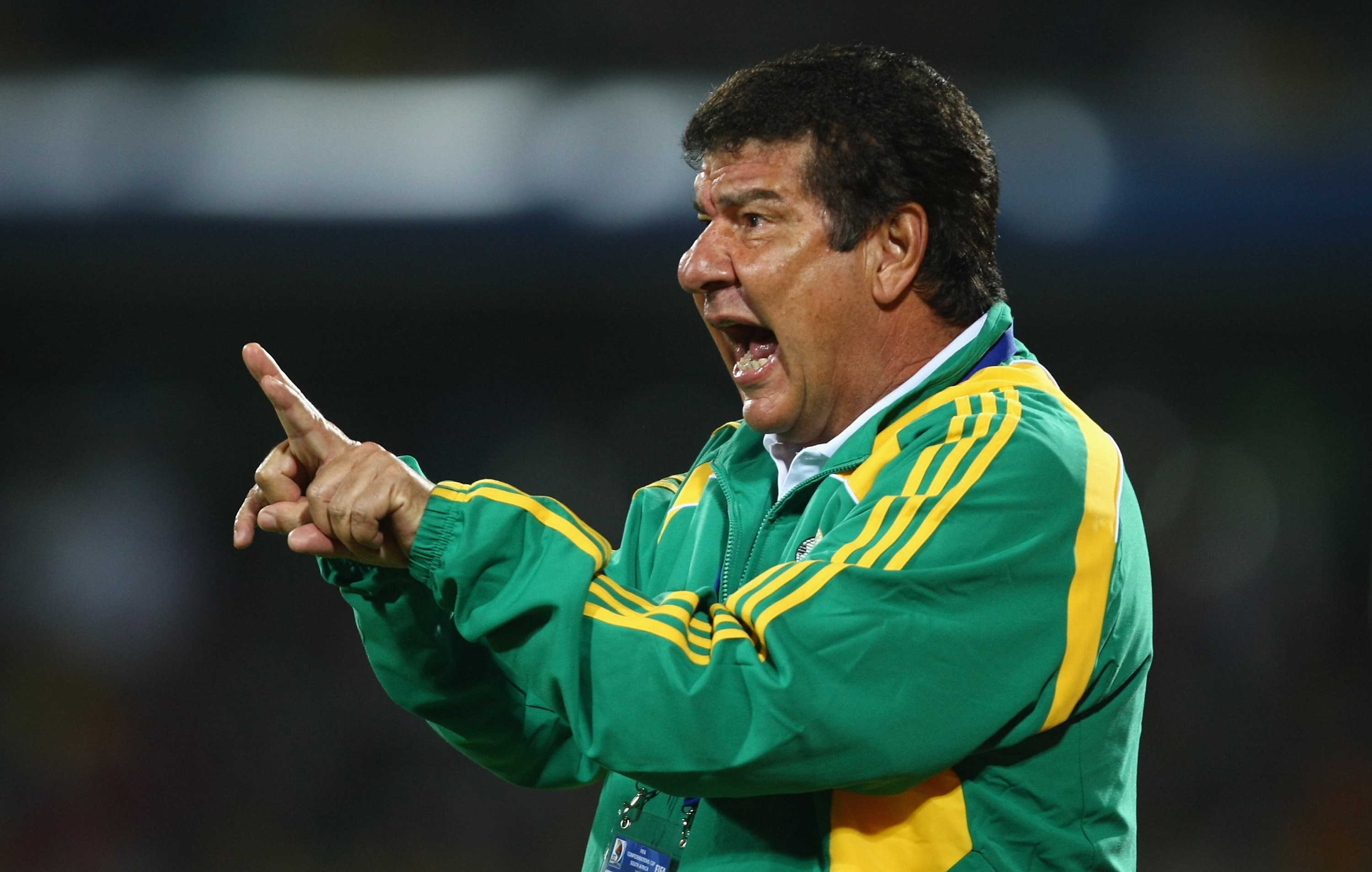 Joel Santana gives instructions to his South Africa players during a Confederations Cup clash against New Zealand in 2009.