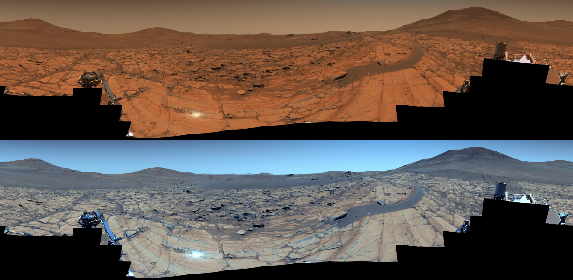 two versions of the same image depicting a barren reddish-orange landscape; one is all in orange and red hues, while the other, a false-color version, features more blue
