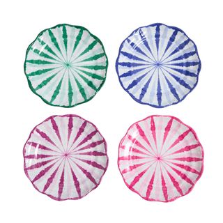 Set of 4 Ikat Brights Picnic Side Plates in pink, purple, blue, and green on a white background