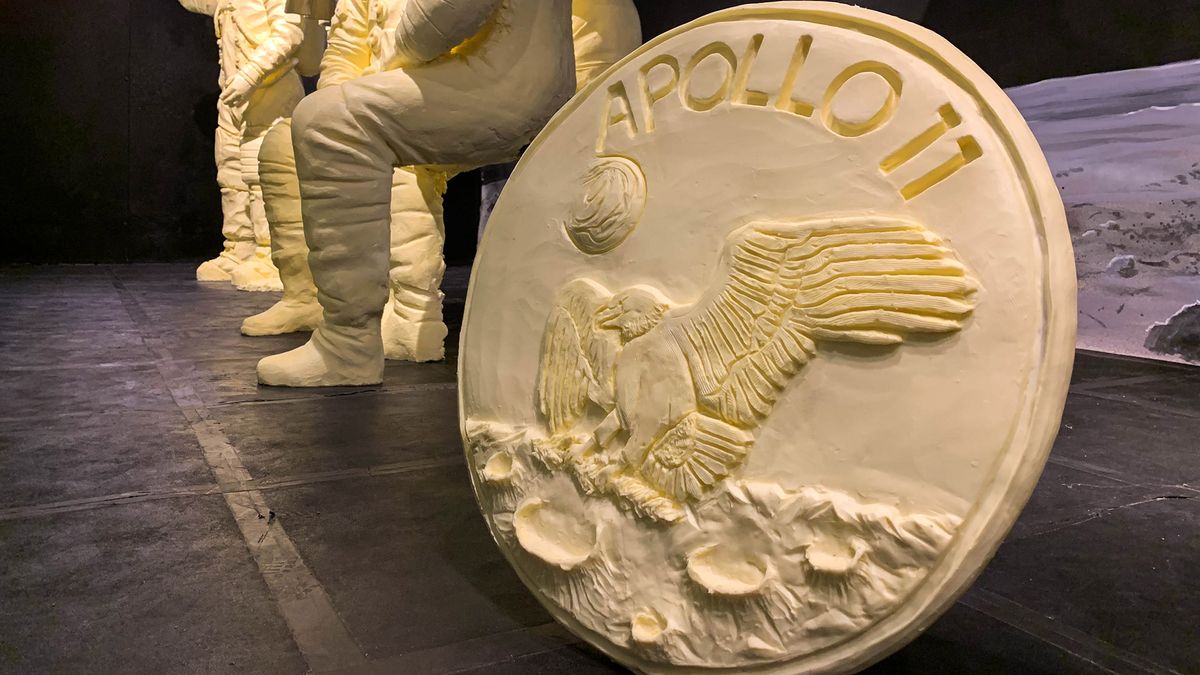 A larger-than-life sculpture of the official Apollo 11 patch is featured in this year&rsquo;s butter display at the 2019 Ohio State Fair.